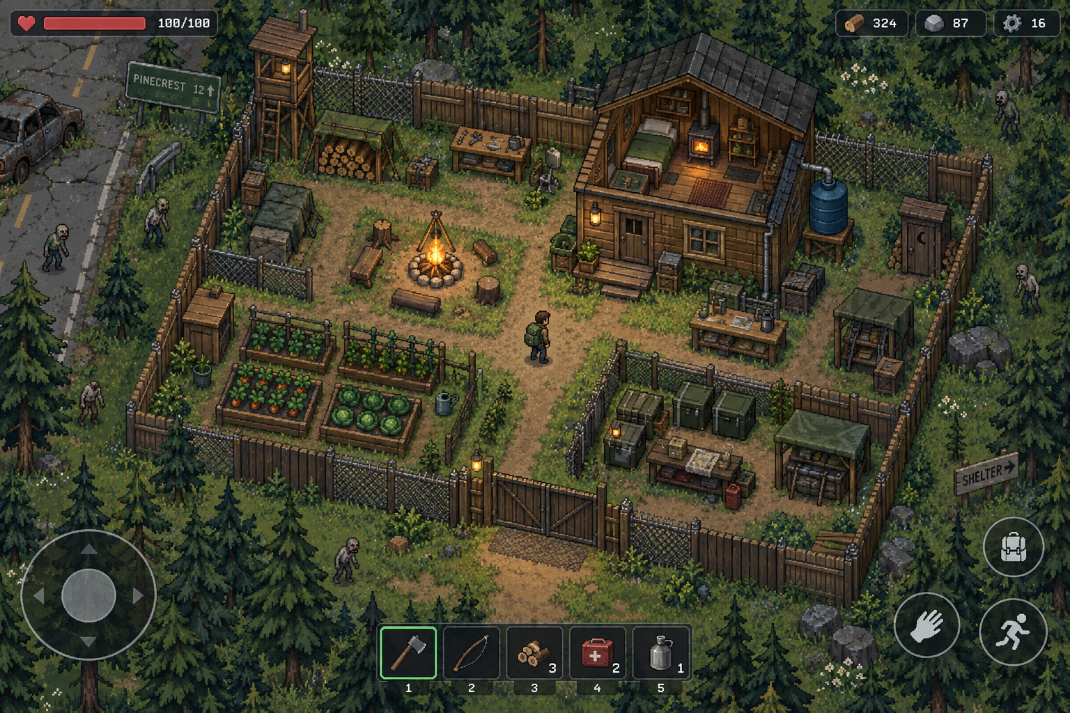 Maquette de gameplay Hollowpine en pixel art : un survivant dans une base avec cabane, potager et réserves, des zombies au-delà des clôtures.