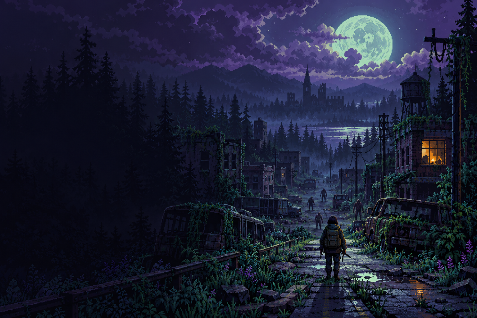Illustration d’ambiance en pixel art : un survivant face à une ville abandonnée sous la lune.